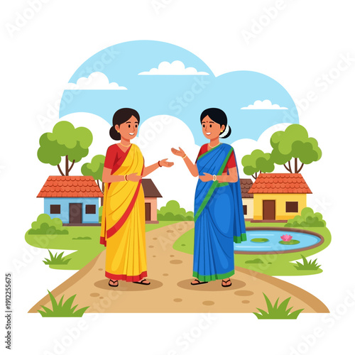 Two women in traditional saris converse in a rural indian village scene