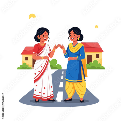 Two indian women in traditional clothing giving a high five outdoors