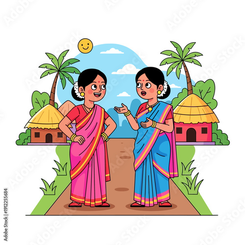 Two indian women in traditional saris converse by palm trees and huts