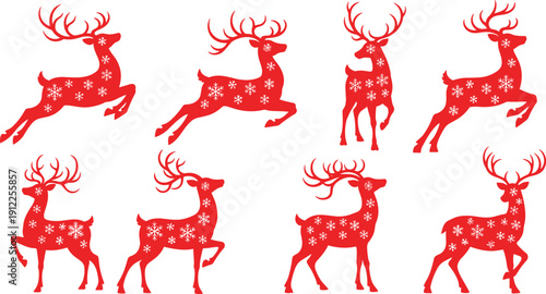 Eight red reindeer silhouettes with snowflake patterns vector illustration, Christmas holiday design for festive decoration, winter, seasonal art icon