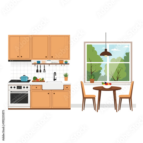 A brightly lit kitchen with wooden cabinets a dining table and a window view