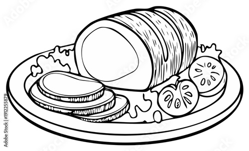 Illustrated plate of food featuring cooked meat, tomato, and lettuce