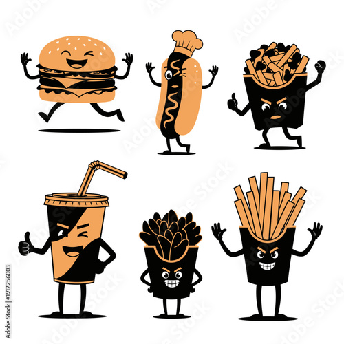 Cartoon fast food characters a burger hotdog fries drink and salad