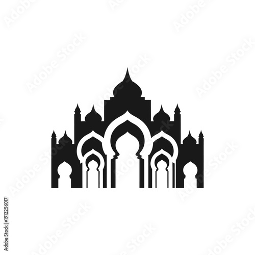 Stylized black silhouette of a building with islamic architectural details
