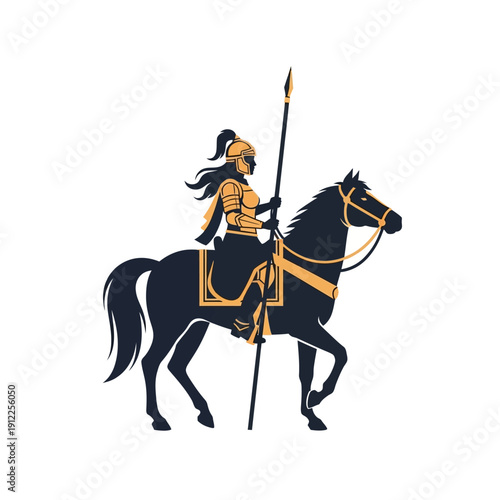 A courageous female warrior rides a black horse wielding a spear