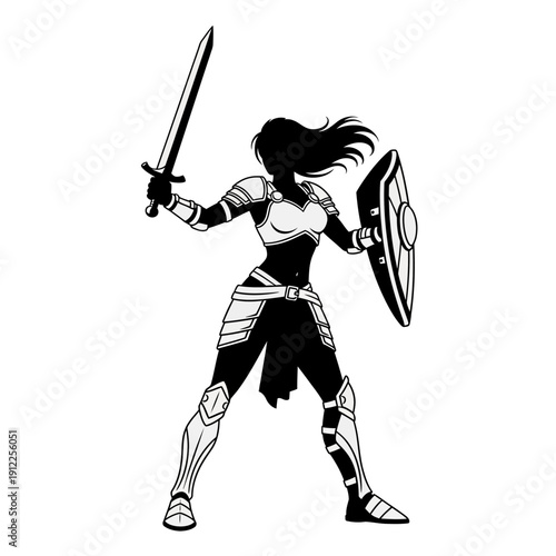 Silhouette of a female knight holding a sword and shield