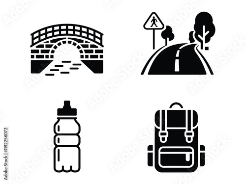 A collection of travel icons including a bridge, road sign, water bottle, and backpack on a white background