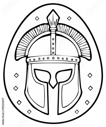Stylized graphic illustration of a Greek helmet inside an oval