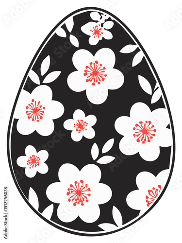 Decorative Easter Egg with White Flowers and Red Centers on Black Background Floral Design
