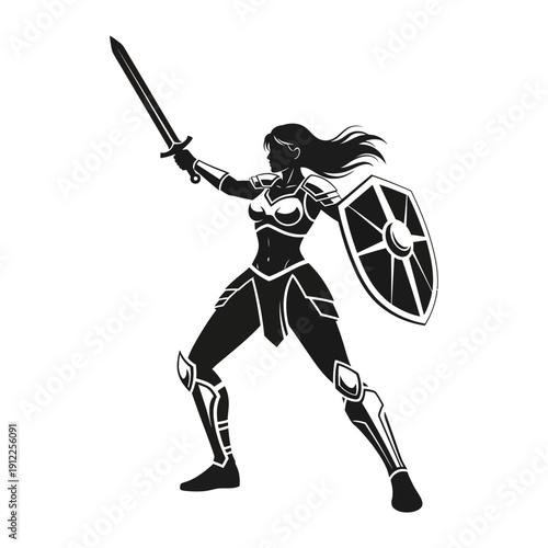 Silhouette of a female warrior poised with sword and shield