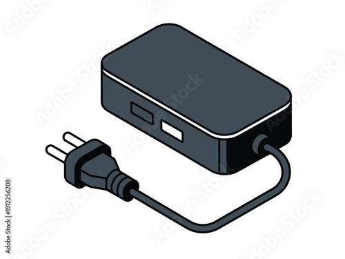 A sleek black portable power bank with a connected electrical plug and cable on a white background