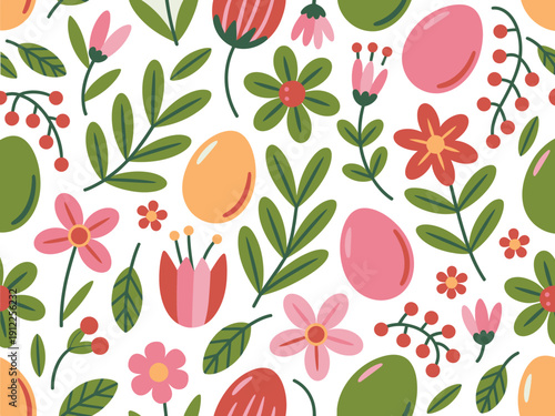 A colorful Easter-themed pattern featuring flowers, eggs, and leaves on a white background.