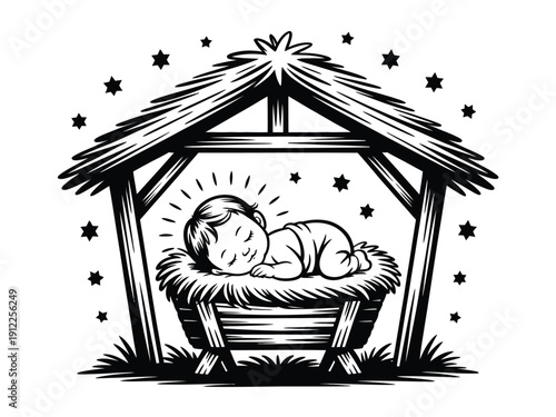 A serene illustration of baby Jesus sleeping in a manger under the stars on a peaceful night.