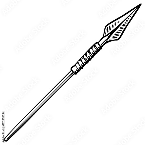 Drawn Illustration of an Ancient Spear with a Sharp Point and Wrapped Handle