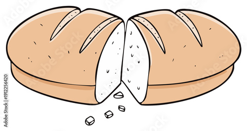 Cartoon illustration of a fresh baked loaf of bread cut in half with crumbs