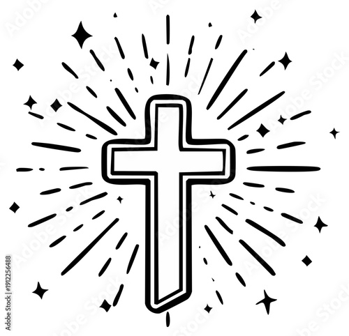 Simple Outline of a Christian Cross with Bursting Rays and Stars, Religious Symbol