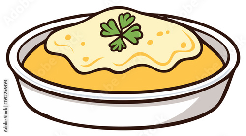 Vector cartoon of a savory dish with a smooth topping and green garnish in a white serving bowl
