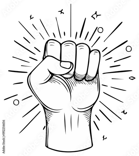Raised clenched fist illustration with radiating lines, powerful symbol of strength and solidarity.