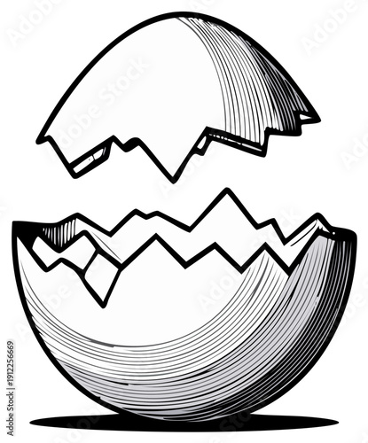 Hatched eggshell illustration hand drawn style, broken crack detail with shadow
