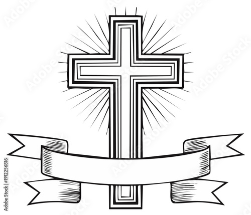Christian Cross Icon with Burst Rays and Ribbon Banner Isolated