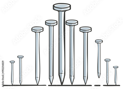 Collection of metal nails of varying sizes arranged in a graphic design