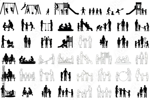 Children Playing on Playground Equipment at Park, Silhouette Illustrations, Outdoor Fun, Family Bonding