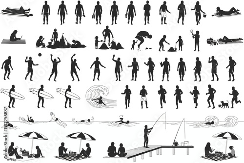 Silhouetted Figures Engaging in Sports at the Shoreline in Summer Setting