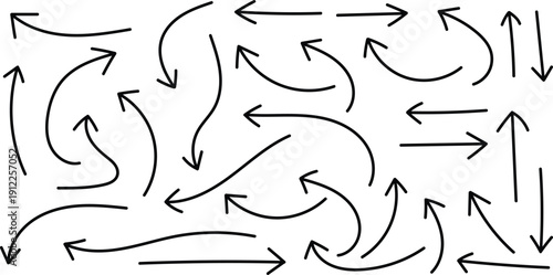 A complex pattern of black arrows on a white background showcasing various directions and movements