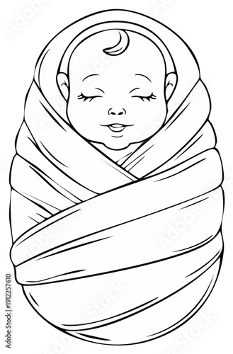 Sleeping newborn baby swaddled in blanket line art vector drawing illustration