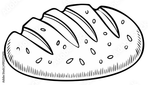 Hand Drawn Loaf of Bread with Seeds and Score Marks Simple Line Art Illustration