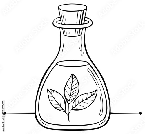 Stylized drawing of a glass bottle with a cork stopper containing liquid and plant leaves
