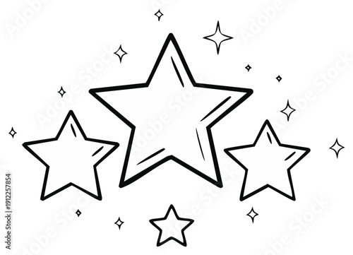 Hand drawn doodle stars with shining sparkles. Outline art for success, quality, and rating concepts.