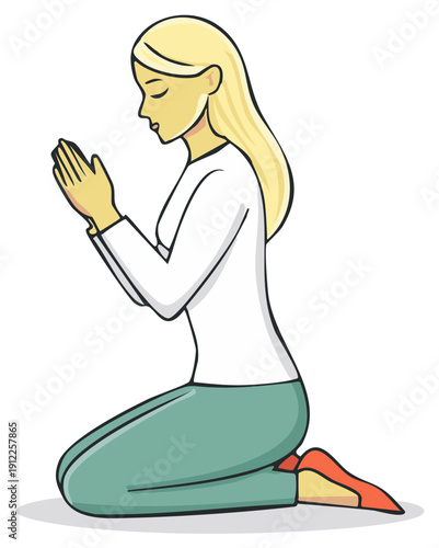 Illustrated Woman Kneeling in Prayer with Folded Hands, Seeking Faith and Guidance