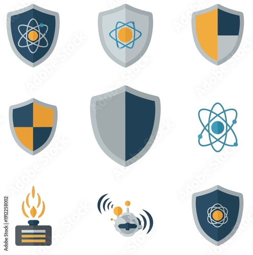 Collection of science and technology-themed shield icons with atomic and molecular designs.