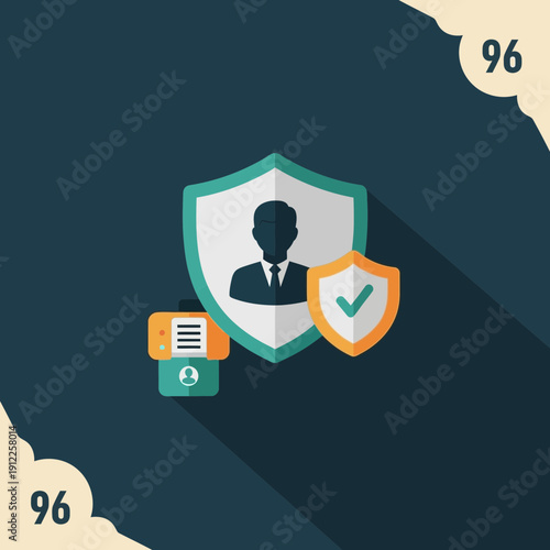 Illustration of a person with security shields and an ID badge.