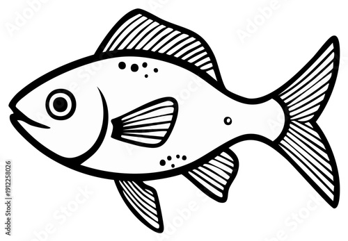 Black and white cartoon fish illustration. Swimming animal aquatic life