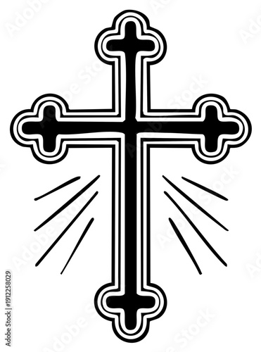 Ornate Christian Cross Symbol with Radiant Rays Religious Iconography