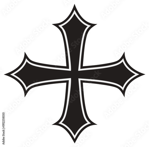 Dark cross, black and white symbol, religious decoration, faith sign with pointy edges, vector art