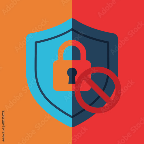 Illustration of a shield with a padlock and prohibition symbol, symbolizing security or restriction.