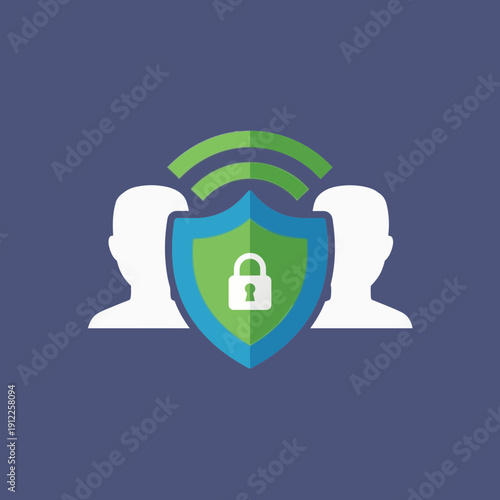 Two human silhouettes with a shield and lock symbol representing cybersecurity.