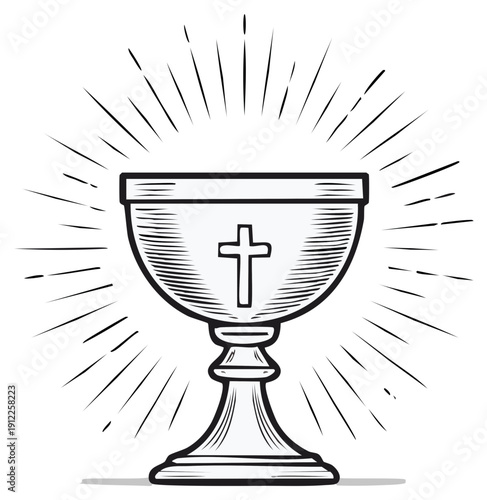 Chalice Illustration with Cross Symbol and Rays of Light