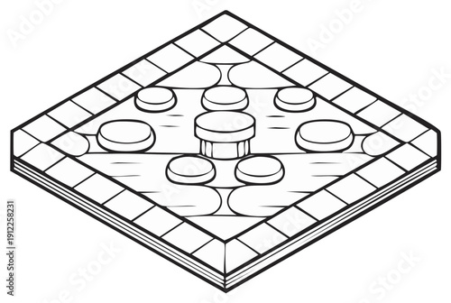 Isometric Draughts Checkerboard Black and White Illustration with Pieces Ready to Play Classic Board Game