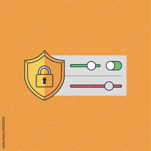 Shield with padlock icon and adjustable sliders representing security settings.