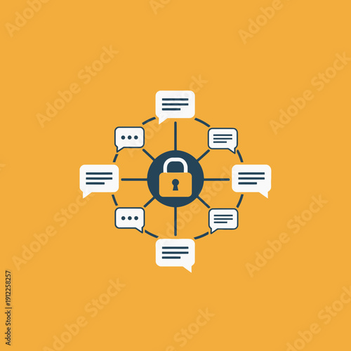 Illustration of a lock surrounded by interconnected chat bubbles on an orange background.