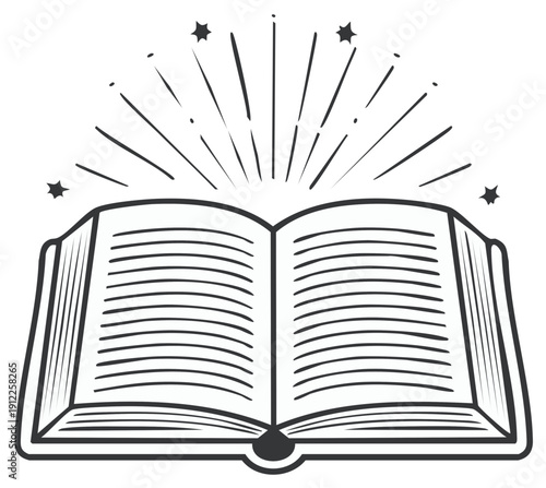 Open book with radiating lines and stars symbolizing knowledge, inspiration, and wisdom