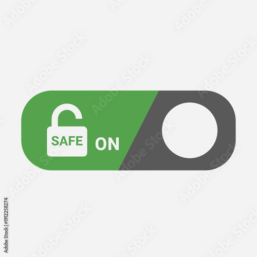 Switch with "SAFE ON" label and padlock icon in green and gray colors.