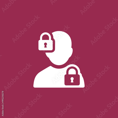 Abstract icon of a person with padlocks over eyes and shoulder.