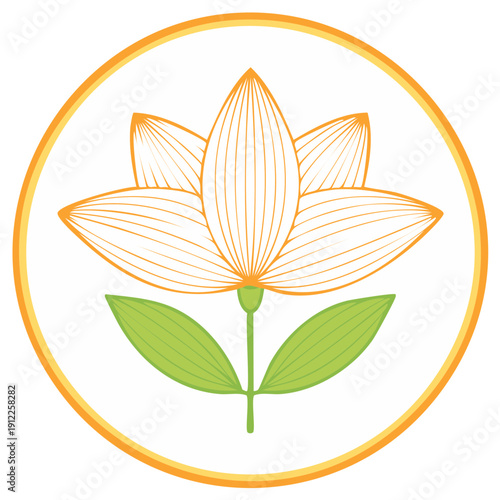 Orange lotus flower in a yellow circle logo design element for well being and serenity.