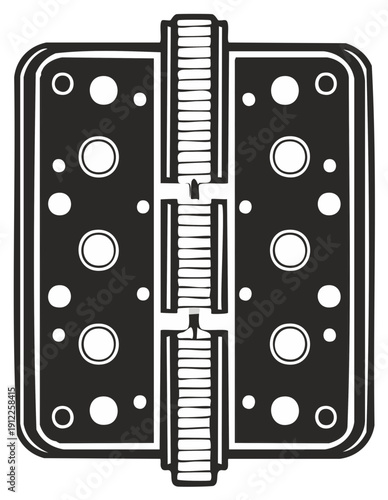 Black and white illustration of a metal hinge isolated for graphic design or industrial plans