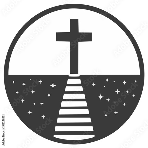 Christian Cross Silhouette on Stairway Leading to Light and Stars